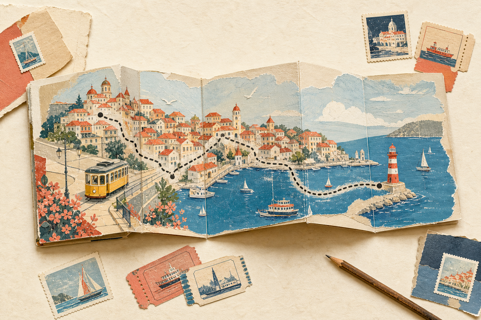 Handcrafted paper atlas of a colorful fictional seaside town